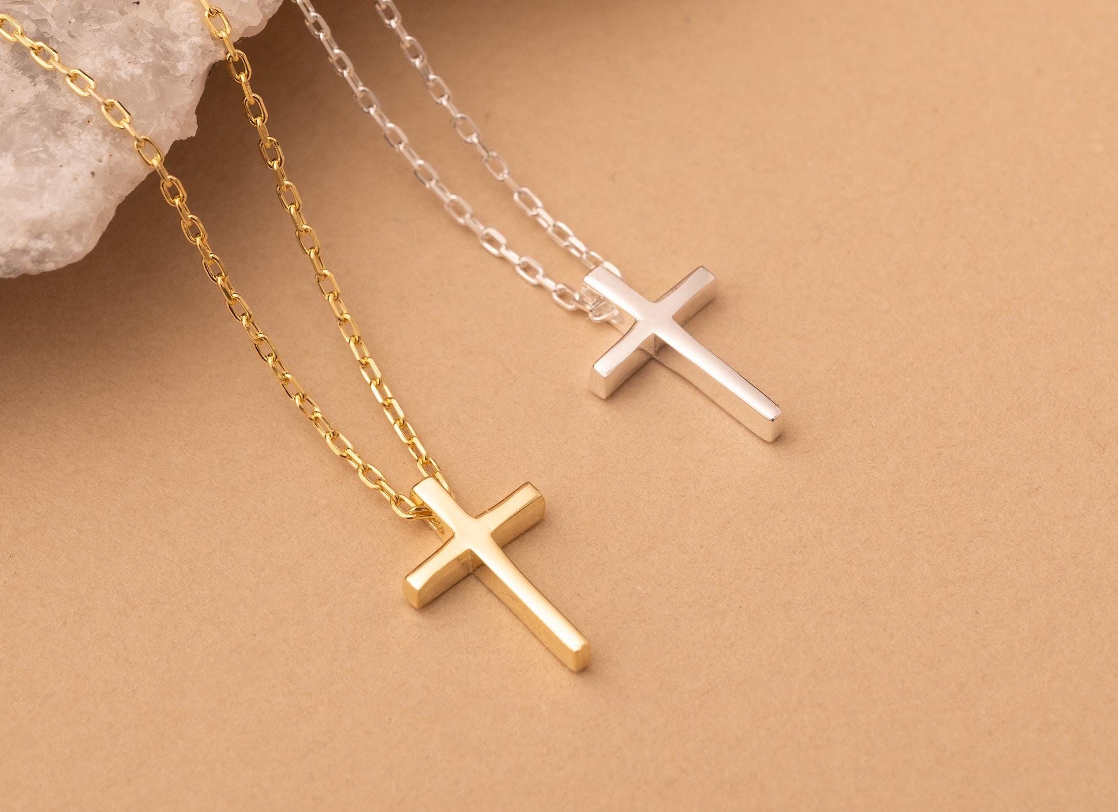 Collana con croce in oro massiccio 14k, delicata collana con croce in oro, piccola collana con croce, regalo per battesimo, piccolo ciondolo con croce