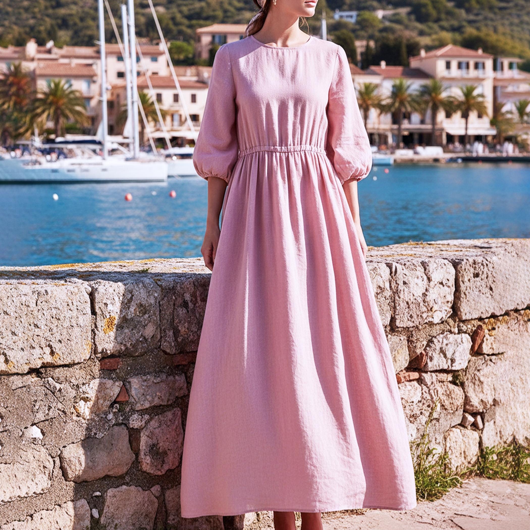 Abito lungo 100% lino personalizzato di qualsiasi taglia, abito con maniche a sbuffo a 3/4 e vita elastica, abito lungo minimalista a trapezio, abito