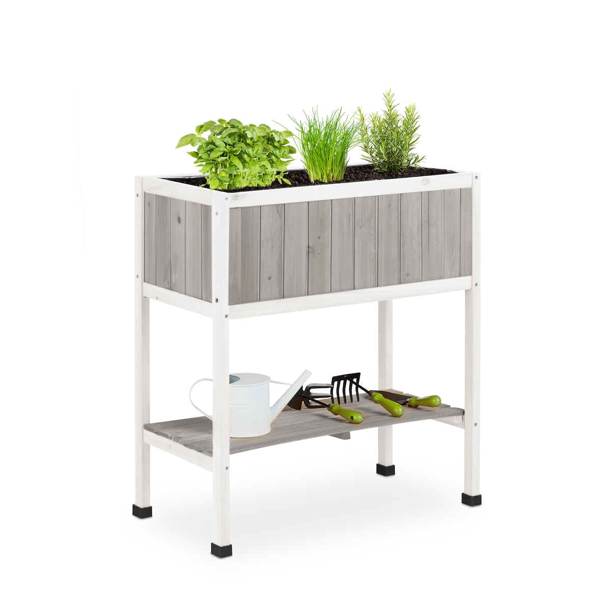 Relaxdays Hochbeet Holz, Pflanzbeet auf Stelzen, HBT: 80,5 x 74 x 38 cm, Garten, Balkon & Terrasse, mit Folie, grau-weiß Image