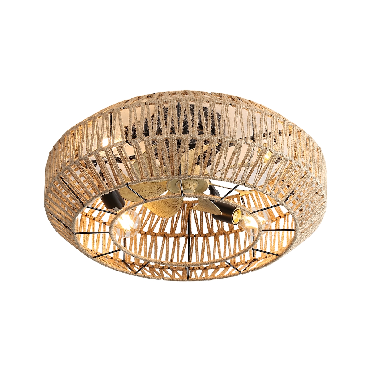 MODFU Deckenventilator mit Licht Boho Rattan 25x56x56 cm mit Metallkorb Hanfseil 7 Flügel Holzoptik 6 Stufen Fernbedienung DC Motor Image