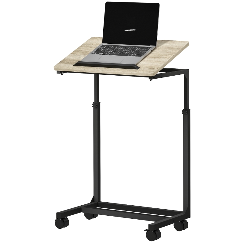 OKWISH Beistelltisch C Form höhenverstellbar neigbar mit Rollen 55x36x83 cm Eiche mobiler Sofatisch für Laptop Melaminplatte Metallgestell Image