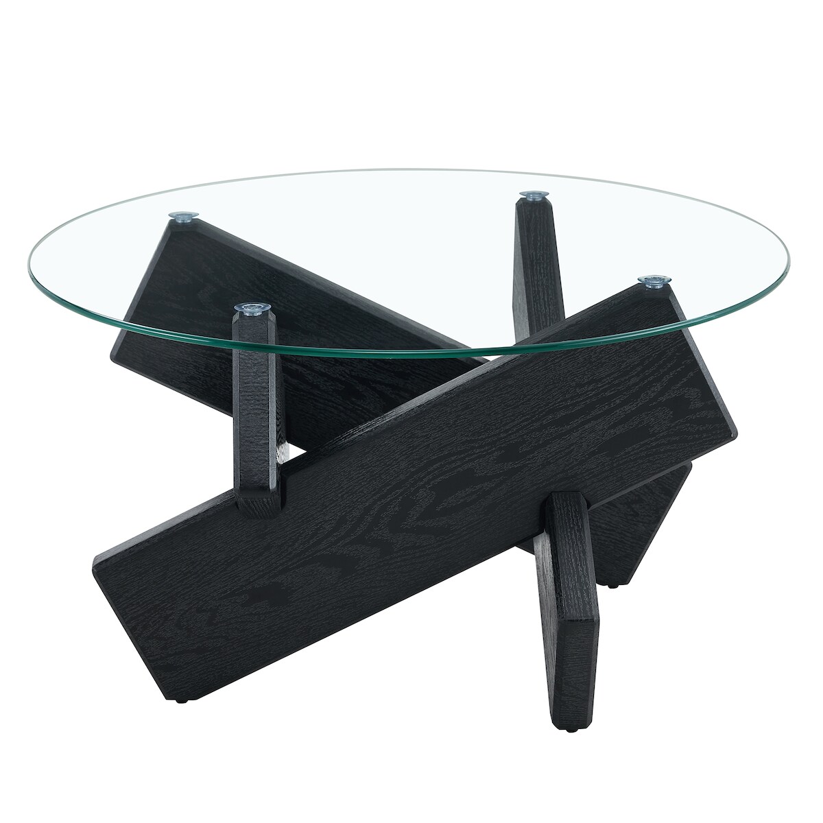 MODFU Couchtisch rund 79x79x45 cm MDF+Glas Schwarz+Transparent mit 0,8 cm Glasplatte, Kreuzgestell in Holzoptik, modern und pflegeleicht Image