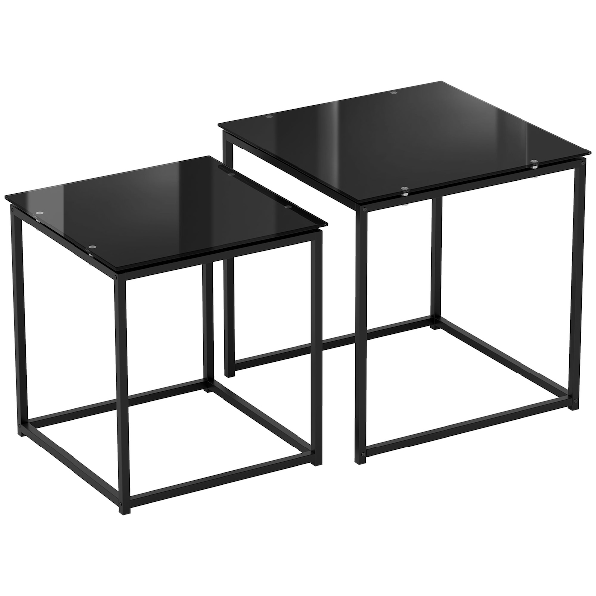 MODFU Beistelltisch 2er Set stapelbar 50x50x52 cm mit Tischplatte aus gehärtetem Glas Schwarz Stahlrahmen für Wohnzimmer und Lounge Image