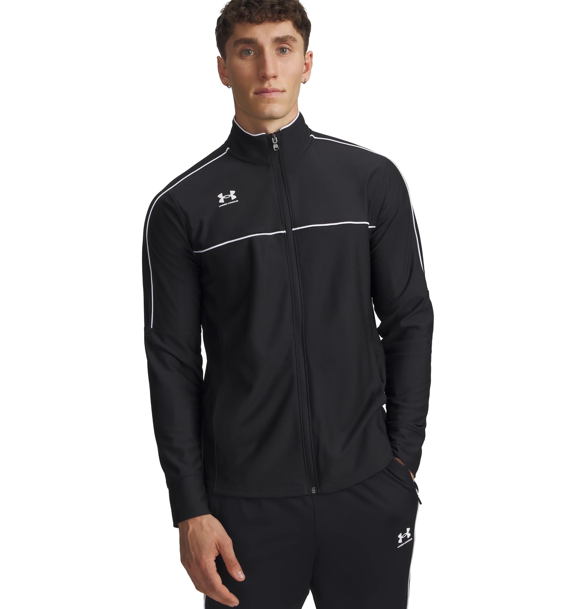 Trainingsjacke UNDER ARMOUR "M CHALLENGER TRACK JACKET", Herren, Gr. M, schwarz,, weiß, Obermaterial: 100% Polyester, Jacken Trainingsjacke, offene Seitentaschen, aus strukturiertem Strickstoff