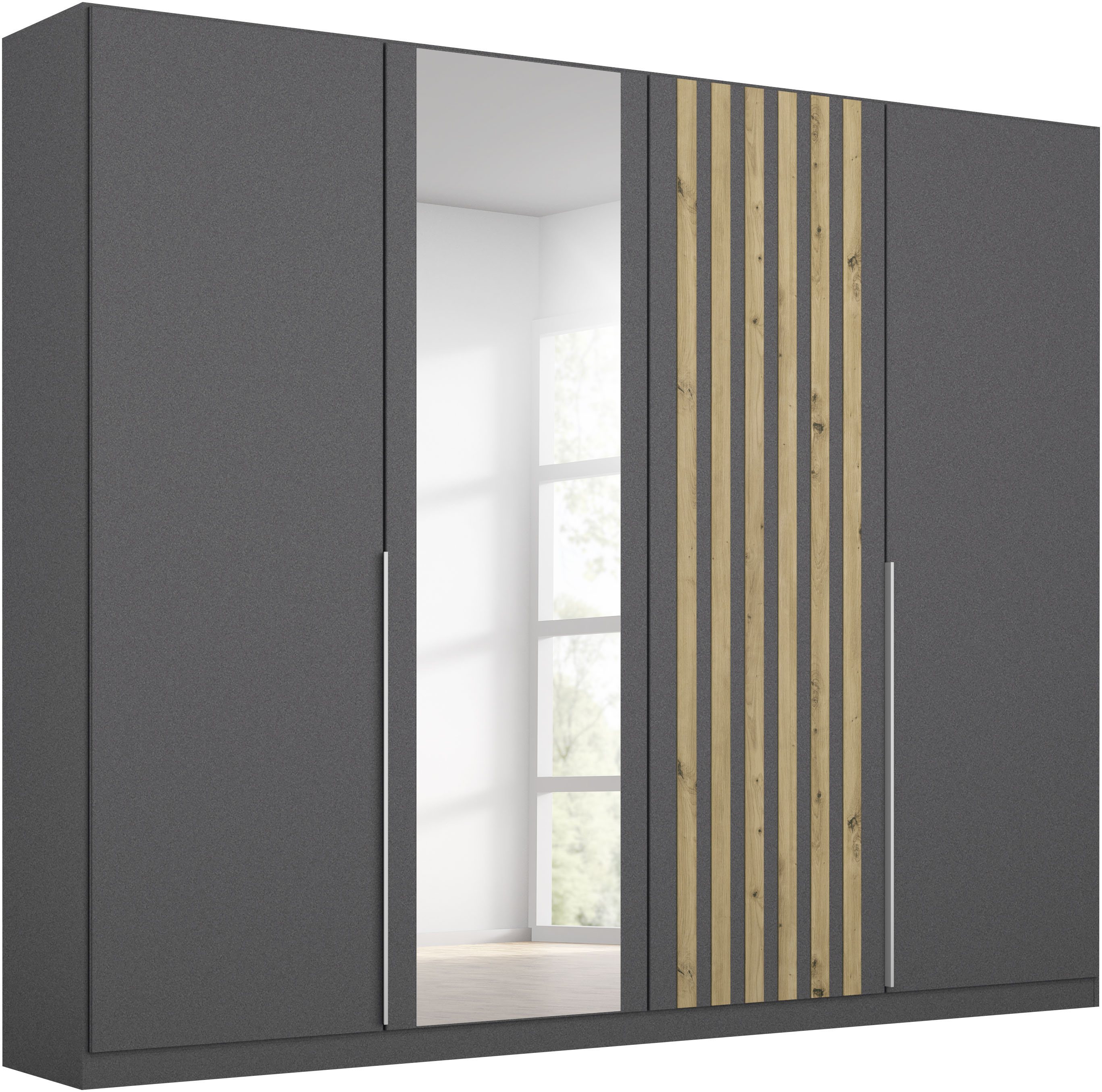 Drehtürenschrank RAUCH "Kleiderschrank Schrank Garderobe Breiten 181/226/271 cm LAMELLA", graumetallic, eiche artisan, B:226cm H:210cm T:54cm, Holzwerkstoff, Schränke, Drehtürenschrank, elegante Lamellen-Auflage in 3D Akustikpaneel Optik MADE IN... Image