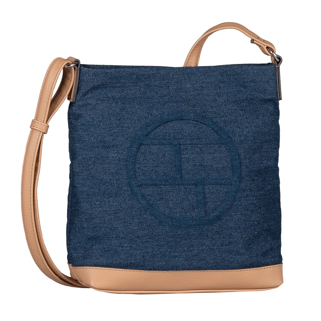 Umhängetasche TOM TAILOR "Gilda", Damen, Gr. B/H/T: 22,5cm x 24,5cm x 7cm, denim blau, Lederimitat, Textil, Taschen Umhängetasche, Damen Schultertasche in sommerlichem Streifen-Look