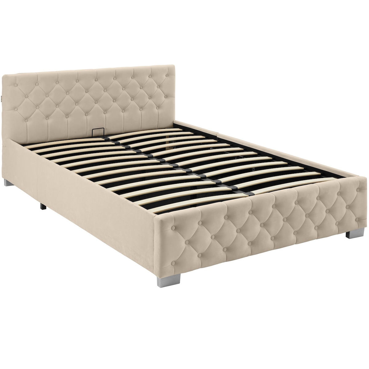 TecTake GmbH tectake Polsterbett mit LED-Leisten & Stauraum - 140 x 200 cm Samtoptik sand