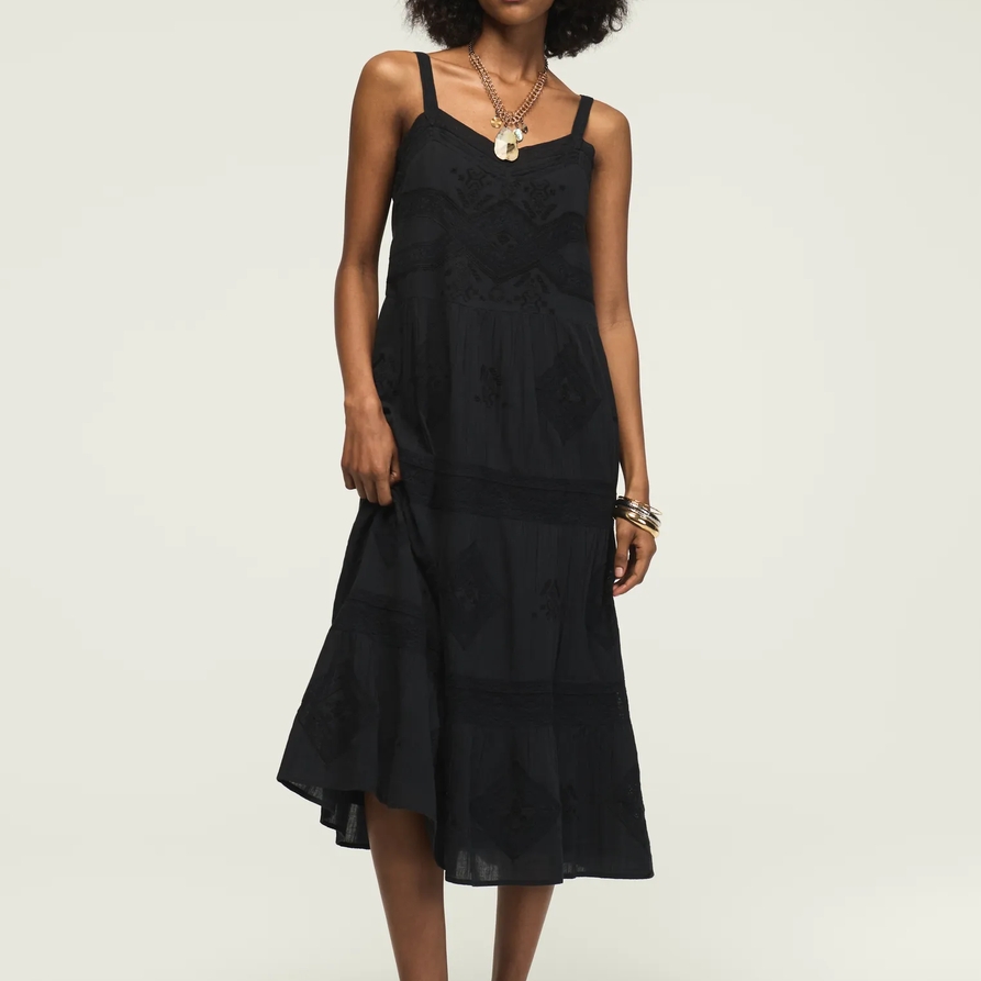 Lucky Brand Lace Tiered Maxi Dress - Women's Clothing Dresses Maxi Dress in Caviar, Size L