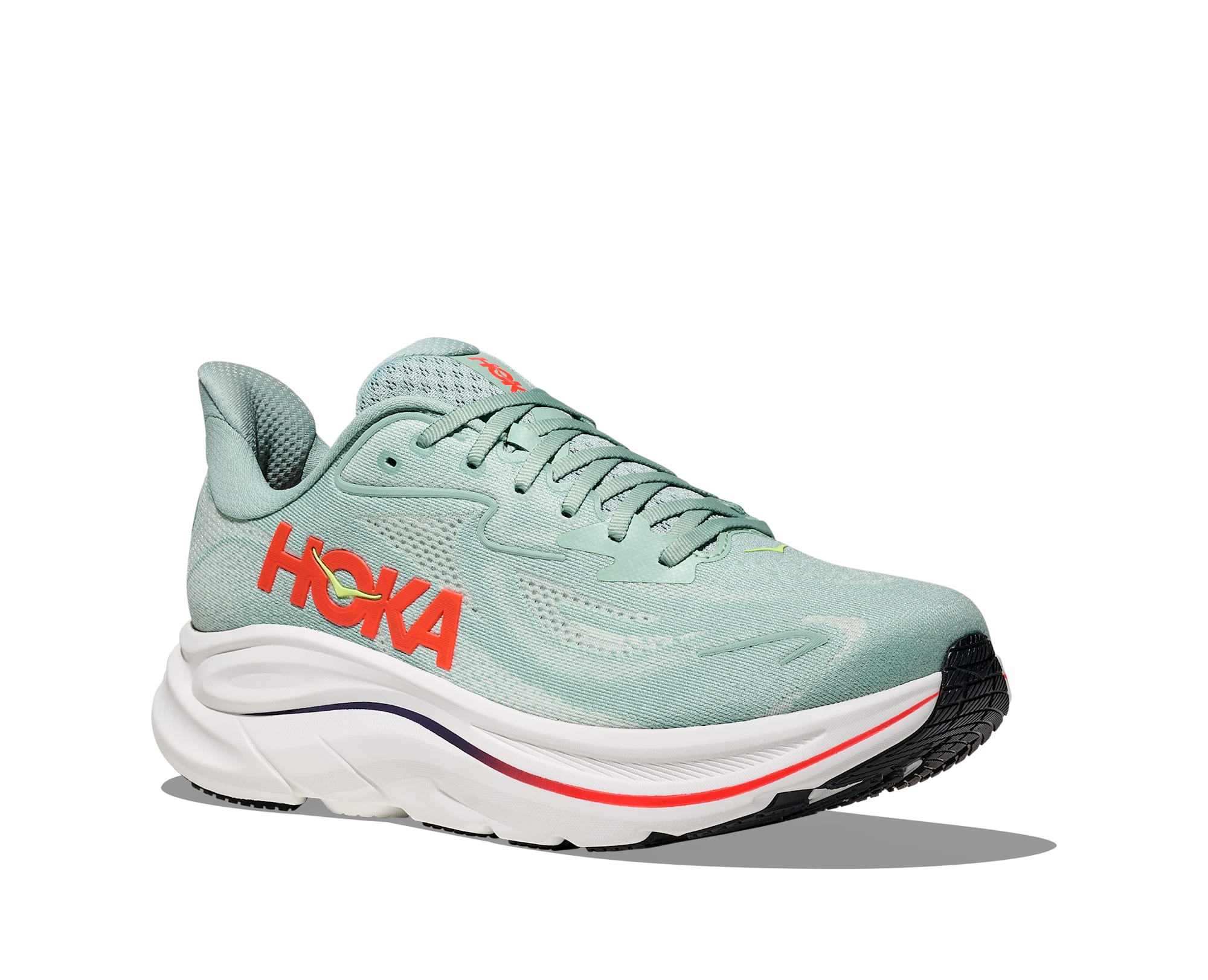 Laufschuh HOKA ONE ONE "CLIFTON 10", Herren, Gr. 46,5, sage, neon flame, Synthetik, Textil, Schuhe Laufschuh