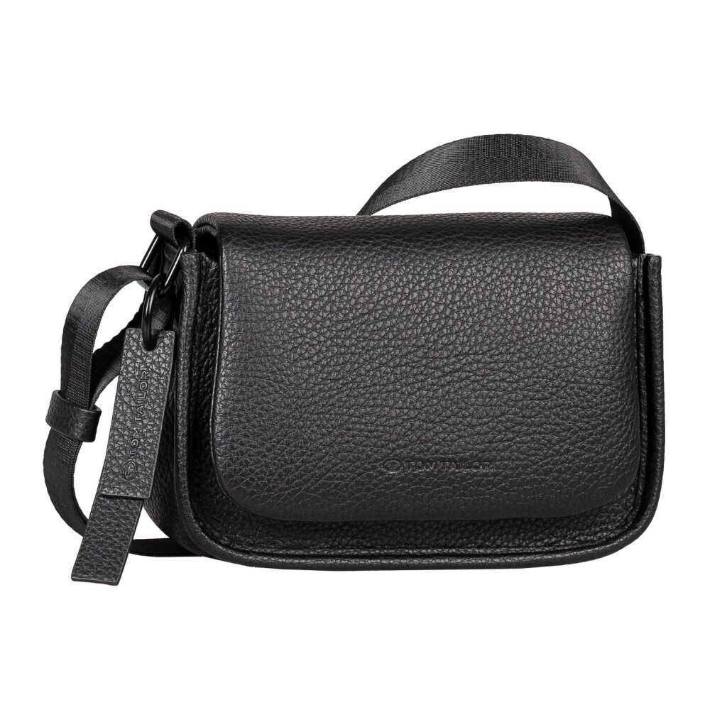 Umhängetasche TOM TAILOR "Solene", Damen, Gr. B/H/T: 20,5cm x 14,5cm x 9cm, schwarz, Polyurethan, clean, gepflegt, geprägtes Muster, unifarben, Taschen Umhängetasche, mit starken Farben und verspieltem Anhänger auch als Schlüsselanhänger