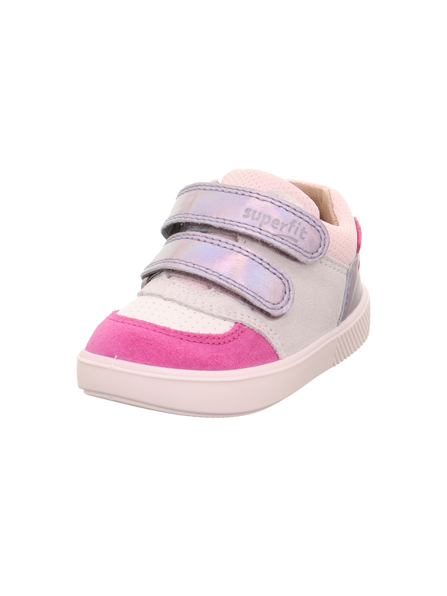 Klettschuh SUPERFIT "SUPIES WMS: mittel", Kinder, Gr. 27, flieder, rosa, Schuhe Klettschuh, Sneaker, Freizeitschuh im Retro Look, Größenschablone zum Download