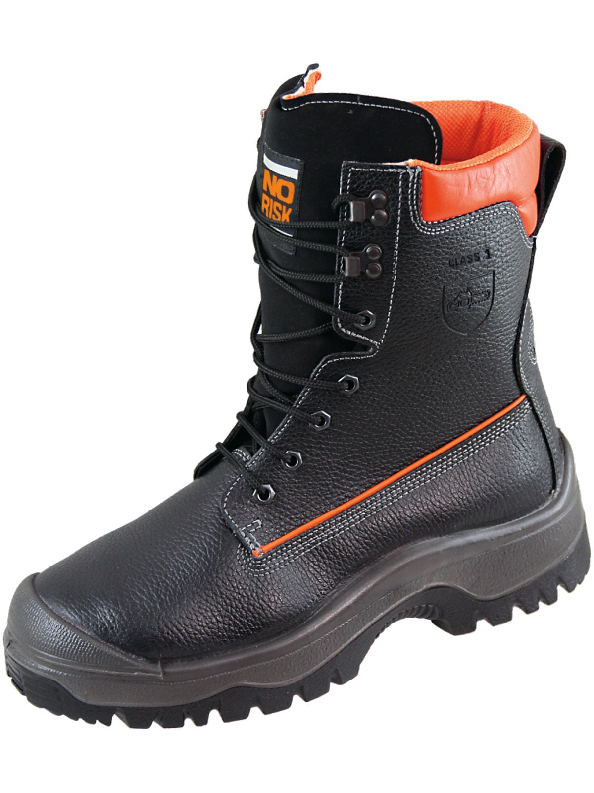 Sicherheitsstiefel NORISK "Schnittschutzstiefel NoRisk Schnittschutzstiefel" Gr. 42, schwarz (schwarz, orange), 42, Obermaterial: 100% Rindsleder Leather cow., Schuhe