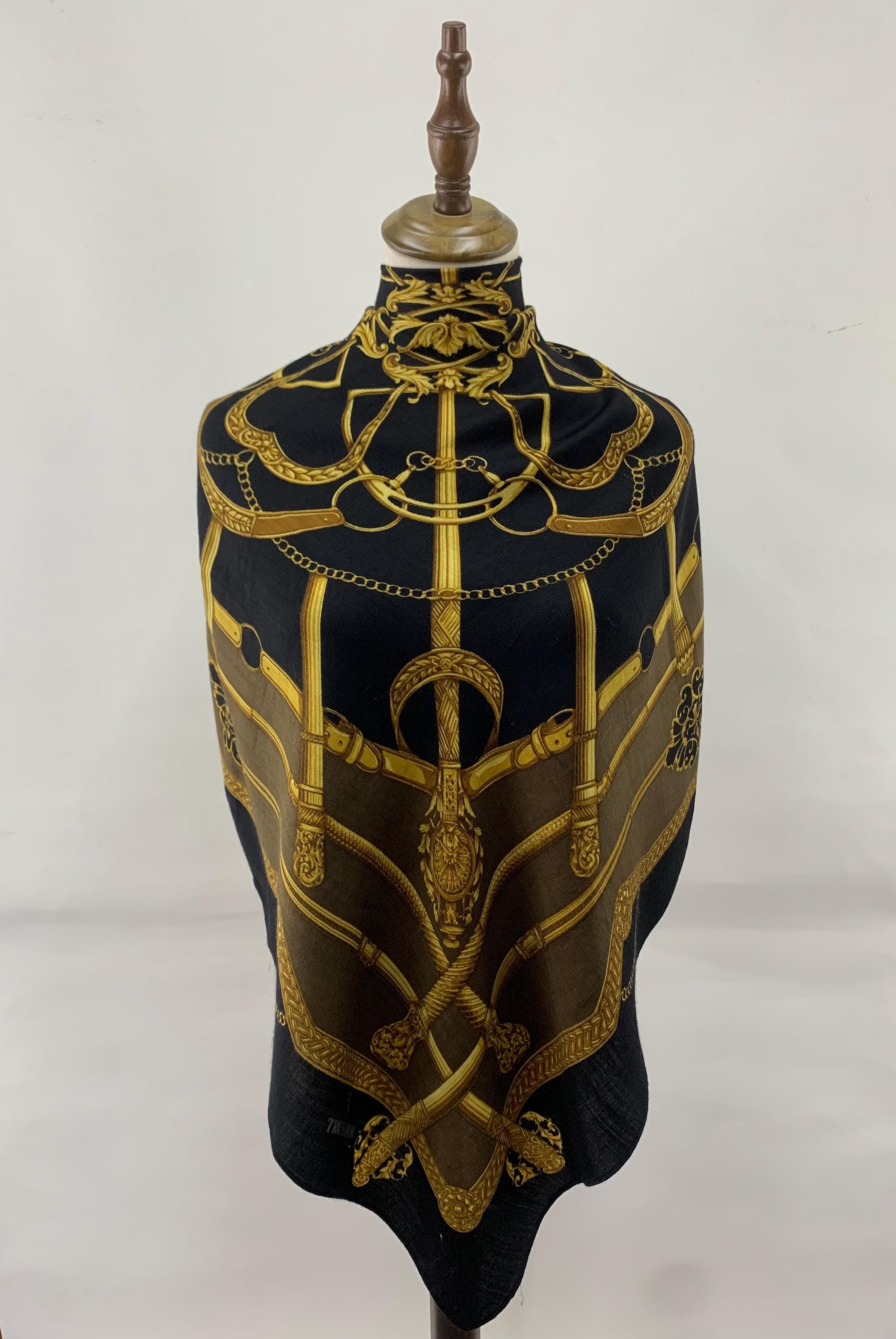 Vintage Trussardi Schal Schal Wolle Schals Schwarz Gold Barock Foulards Damen Accessoires Hals Schal Top Schal Wrap Cover Up großer Schal