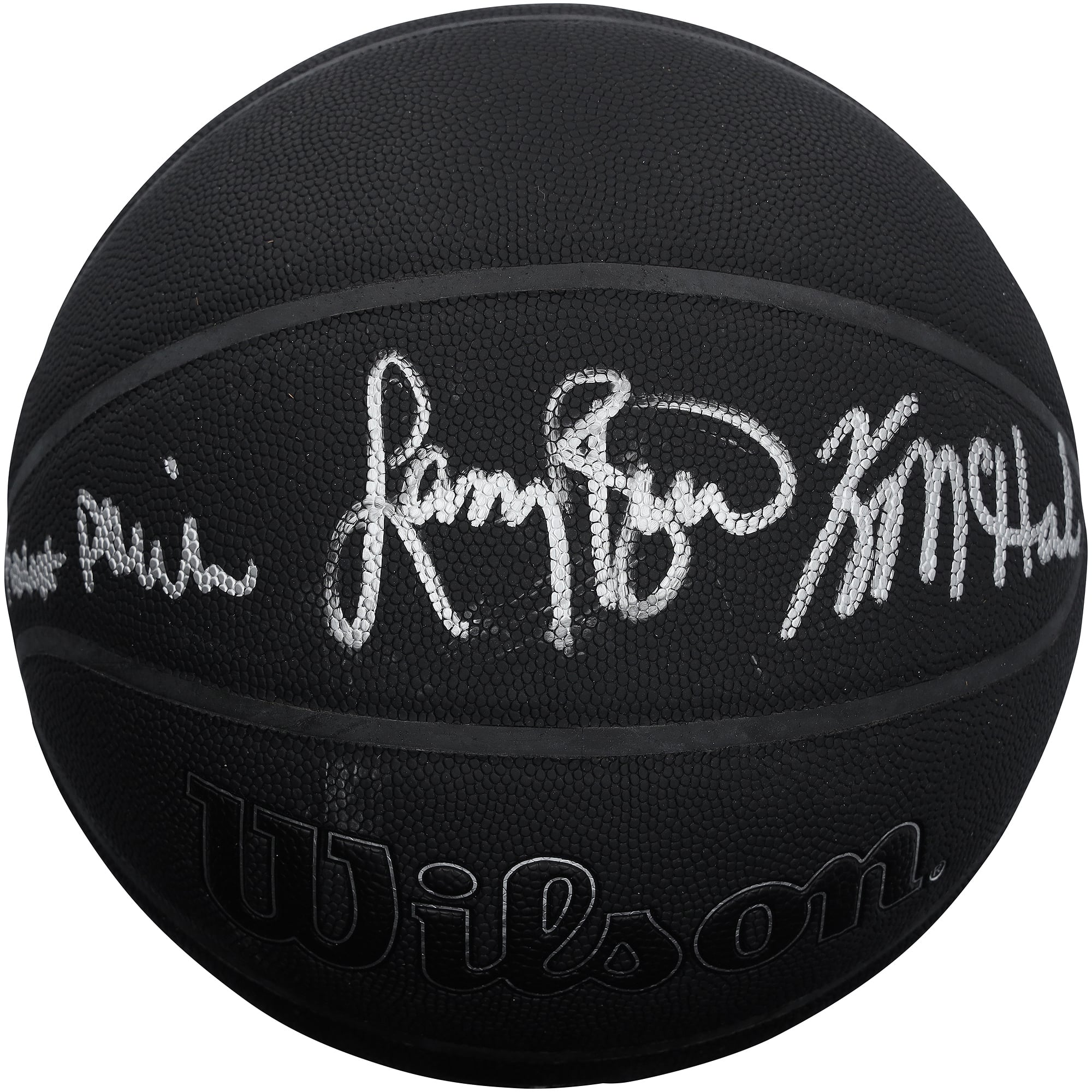 Ballon de basket-ball noir Wilson, logo 75e anniversaire, autographié par Larry Bird, Robert Parish et Kevin McHale des Celtics de Boston.