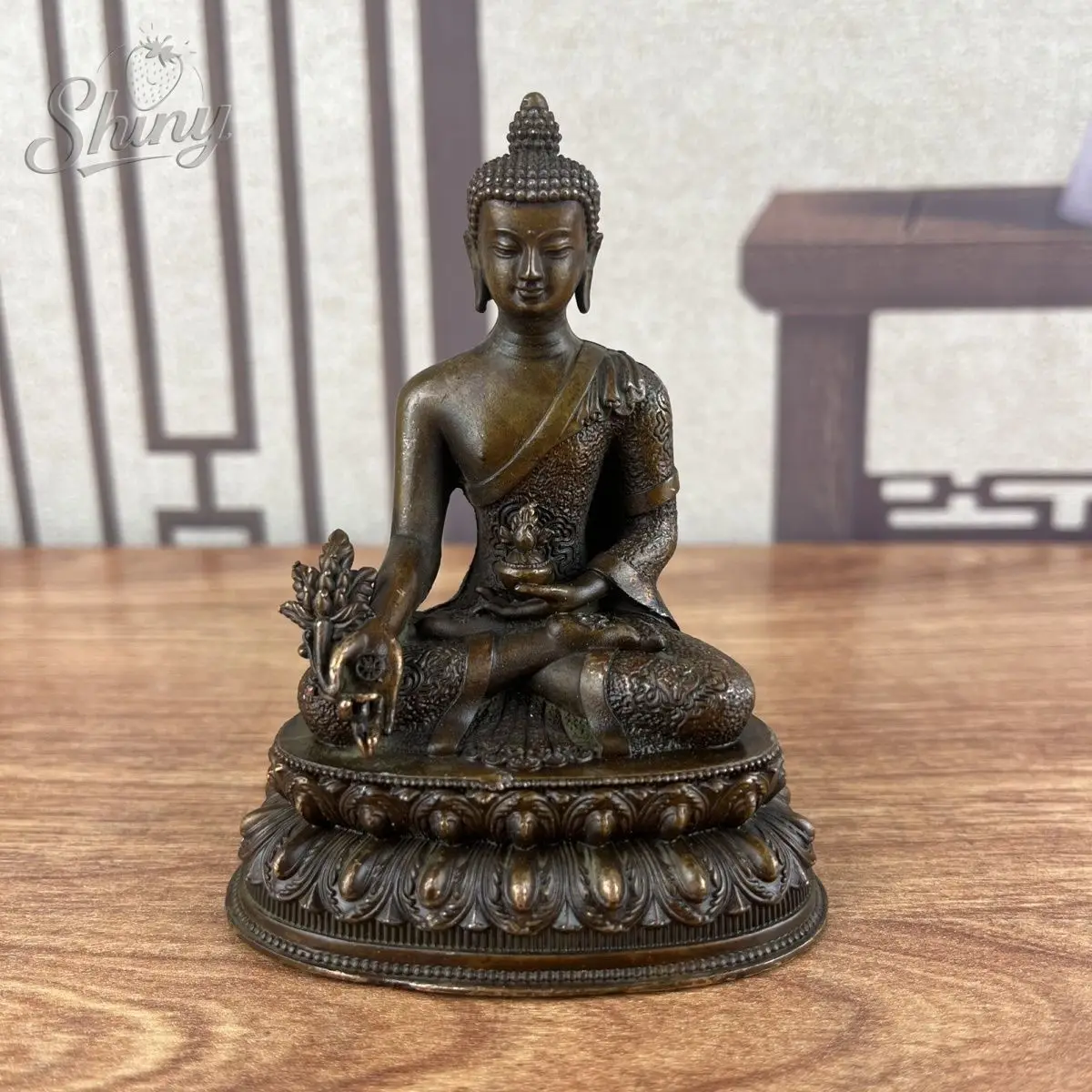 Statua di Buddha antica Cinese Tibet Bronzo Intagliato Medicina Buddha Fengshui Ornamento Religioso