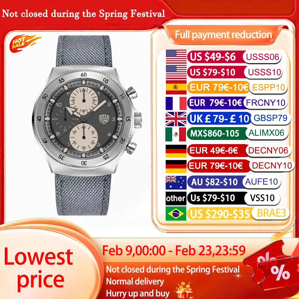 Montre homme 2026RollsTimi, montre à quartz en nylon tendance, chronographe sport pour homme, mouvement japonais, miroir saphir AR, coffret cadeau pour homme