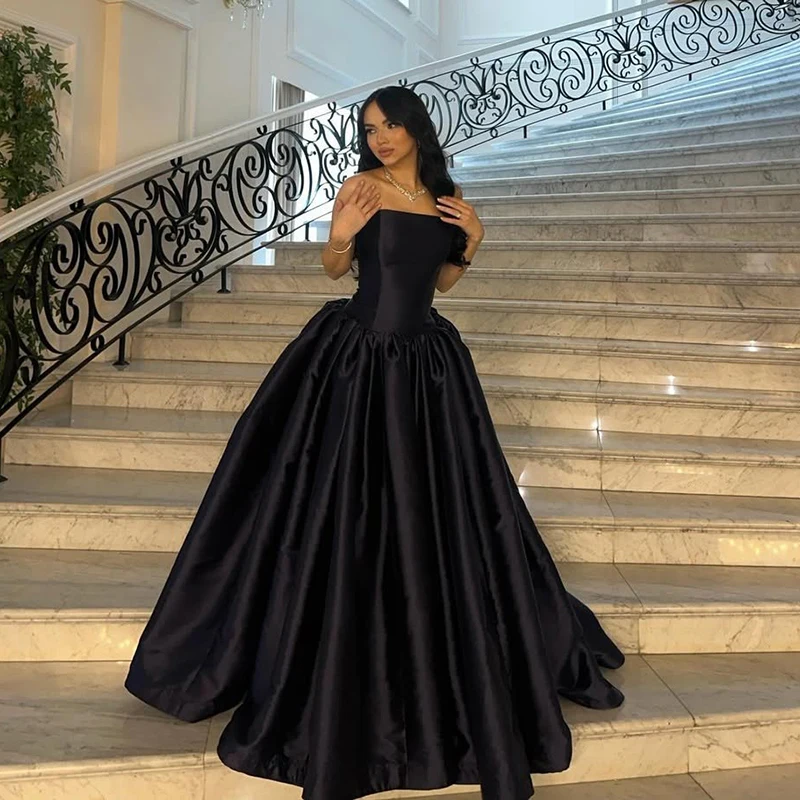 Thinyfull Black A-Line Prom Evening Dresses Saudi Arabia Strapless Satin Party Dress Sexy Night Cocktail Prom Gowns Customized