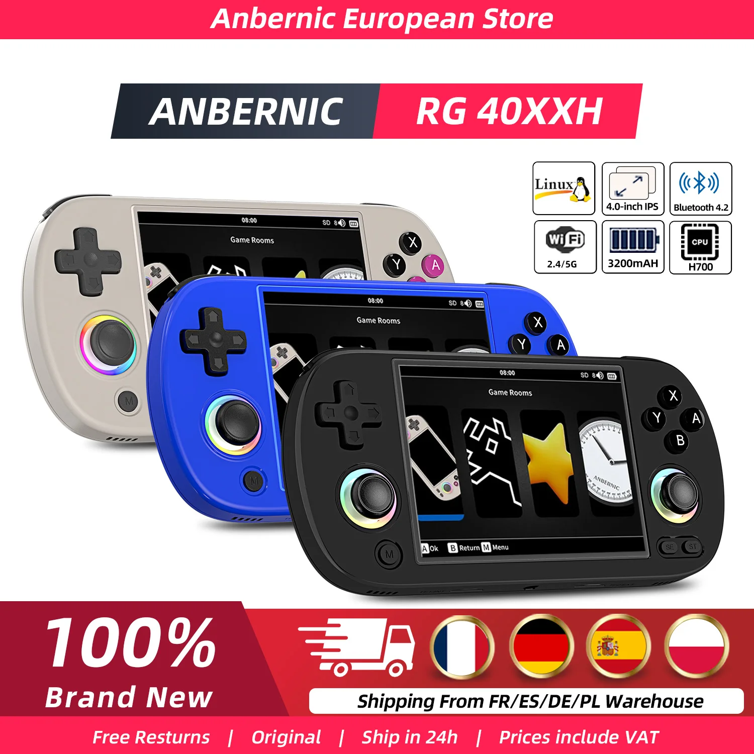 Anbernic RG40XX H Console de jeu vidéo 4,0 pouces lecteur de jeu rétro 64G préchargé plus de 5000 jeux système Linux portable 64 bits RG40XXH