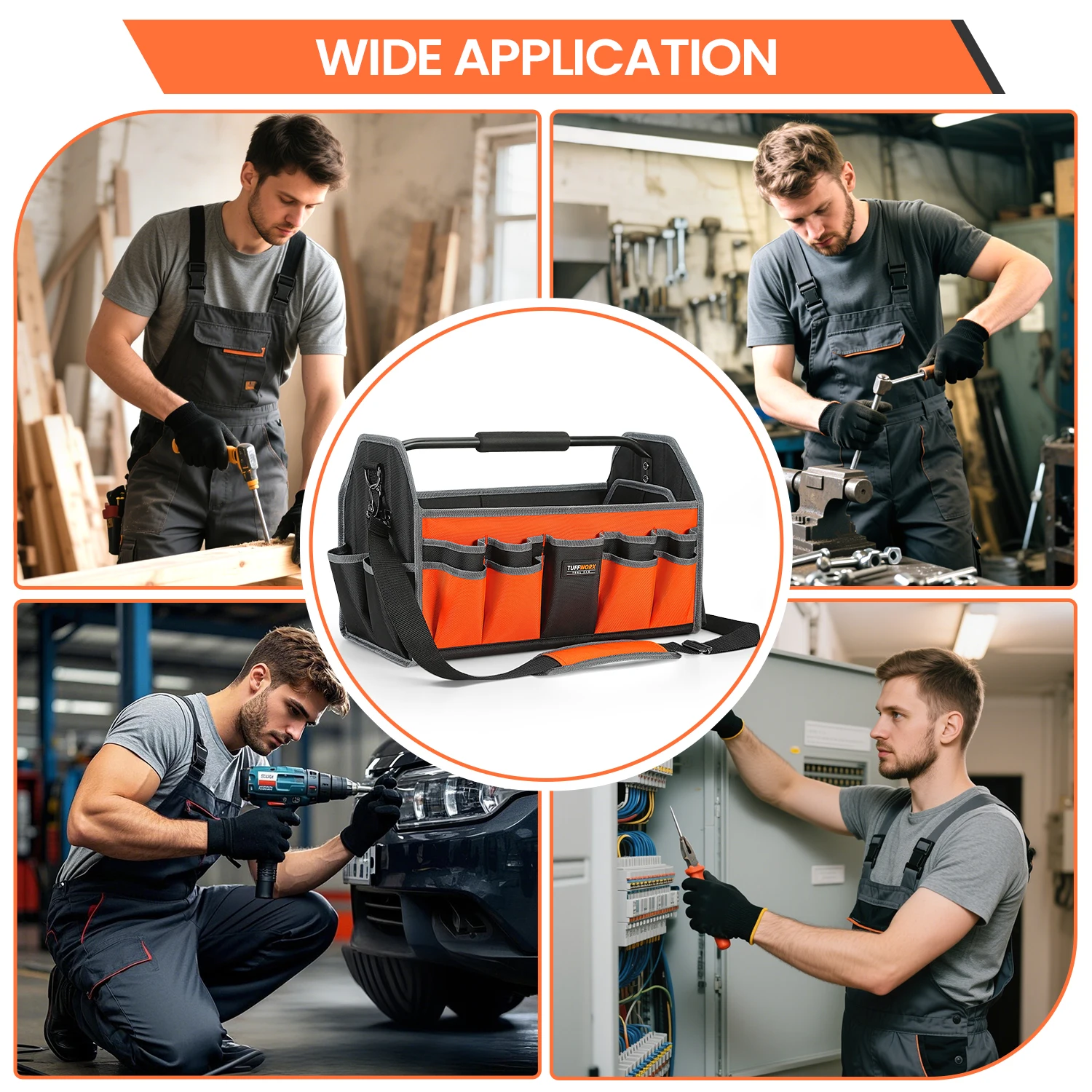 Sac à outils, sac à outils pour électricien, sacs à outils à dessus ouvert, 17 poches peuvent contenir de nombreuses outils, poignée en acier et bandoulière amovible