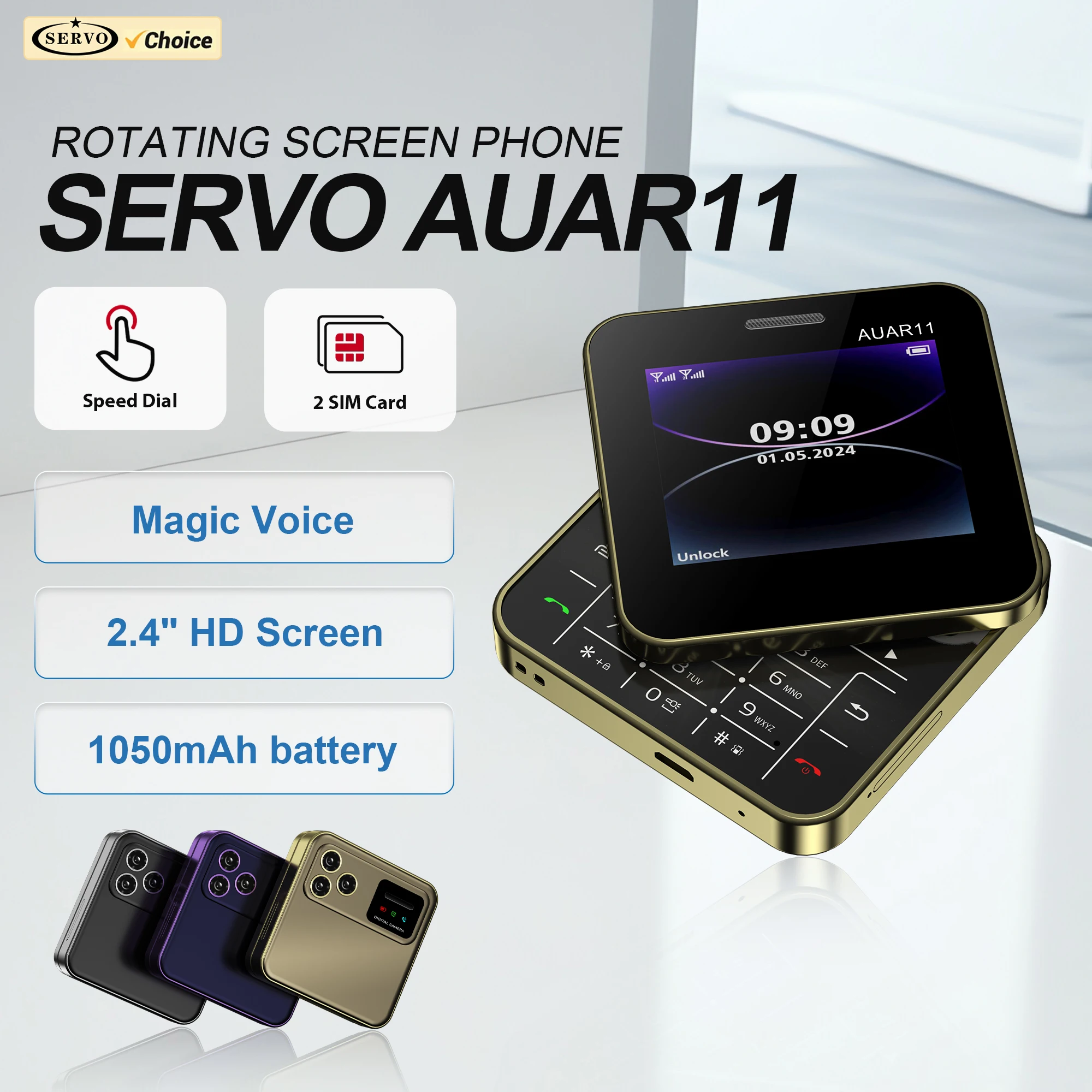 SERVO AUAR11 Téléphone portable à écran rotatif, numérotation rapide, voix magique, liste noire, caméra arrière, FM sans fil, double SIM, téléphone portable 2G