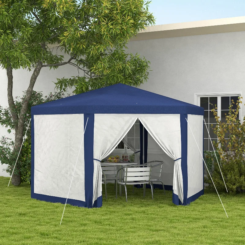 Pavillon hexagonal 4x3 m, hydrofuge, robuste, résistant à l'hiver, tente de jardin avec 6 panneaux latéraux, pavillon de jardin pour le camping, le jardin, bleu