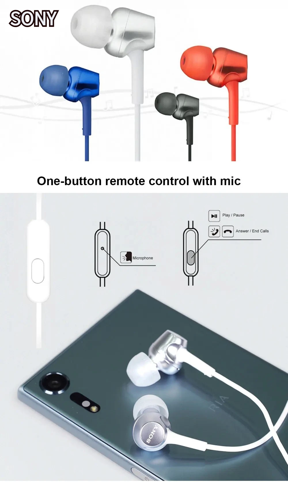 Écouteurs Stéréo SONY MDR-EX255AP avec Micro, Casque Filaire 3,5 mm, Écouteurs Sportifs, Casque Audio Basses