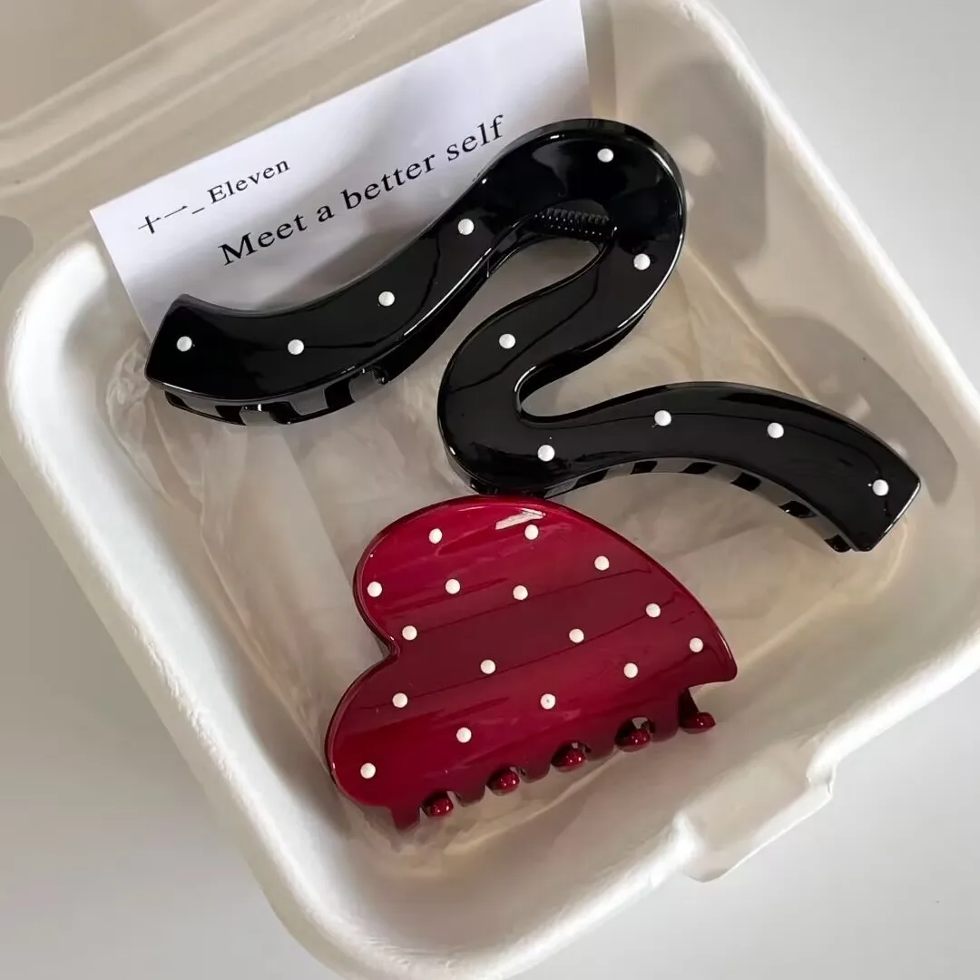 2 stücke Vintage Große Polka Dot Herz Welle Haar Clip Klaue Elegante Shark Clamp Haar Zubehör Für Frauen Koreanische Haar Griffe haarnadel Image