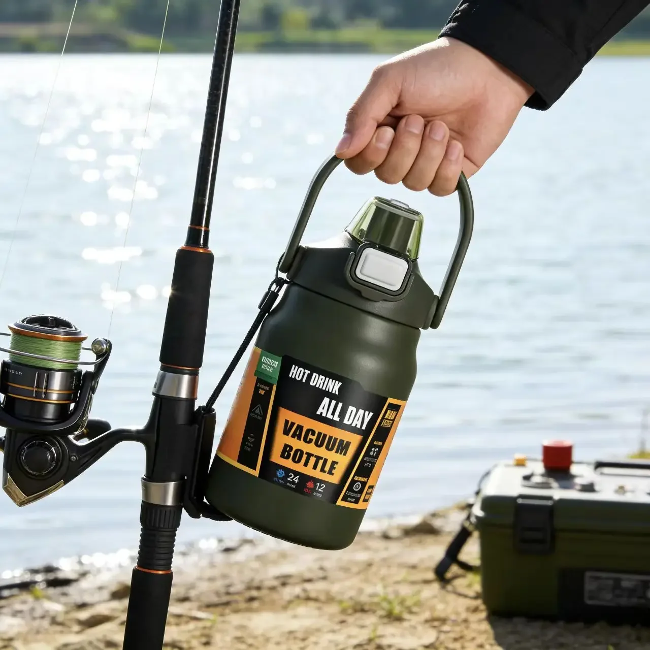 Militärgrüner Minimalistischer Isolierbecher mit Griff Tragbarer Outdoor-Wanderbecher 304 Edelstahl-Innenbeschichtung Zwei Trinkmodi Image