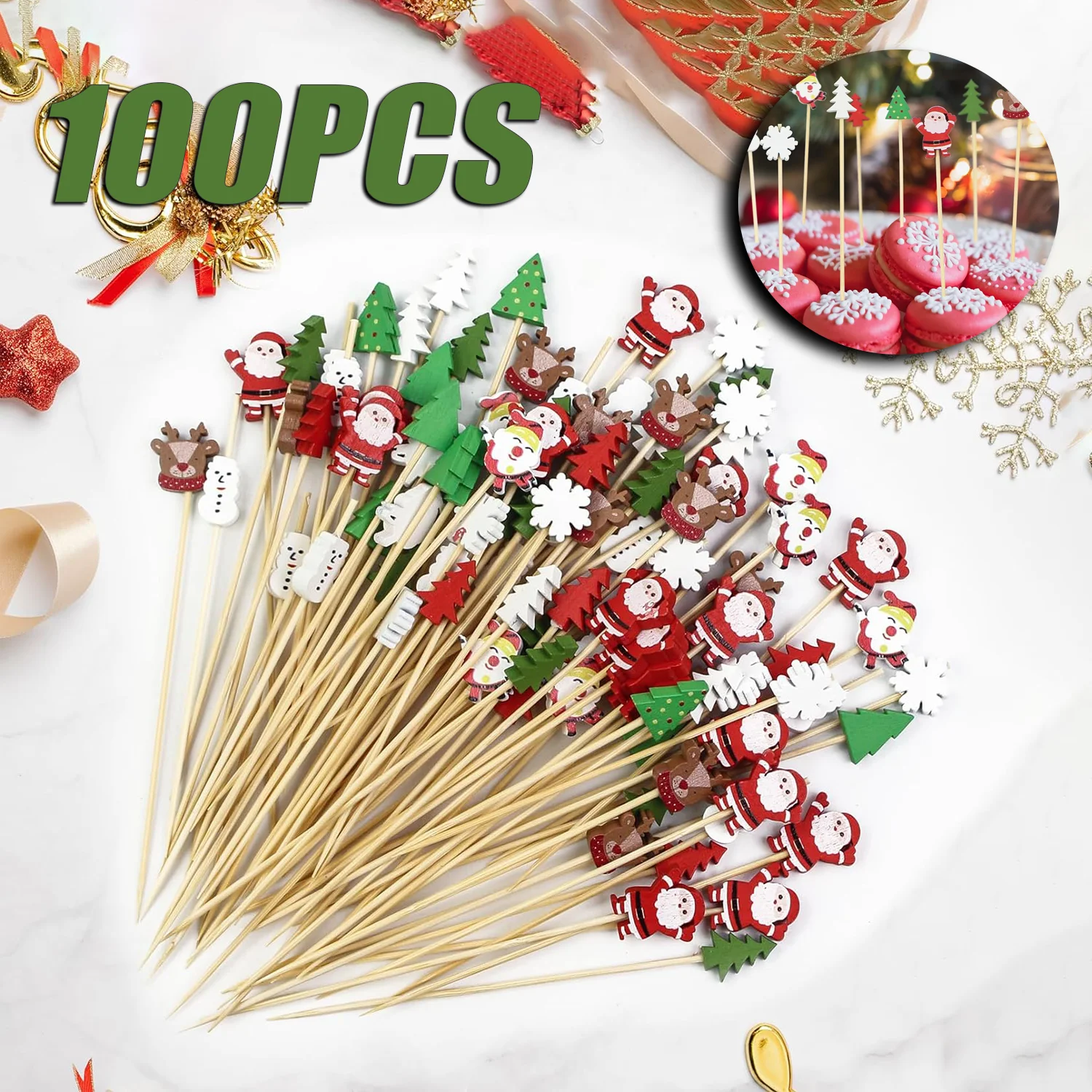 Weihnachten Einweg Bambus Obststäbchen Schneeflocke Weihnachtsbaum Elch Weihnachtsmann Obststäbchen Weihnachtsdekorationen Image
