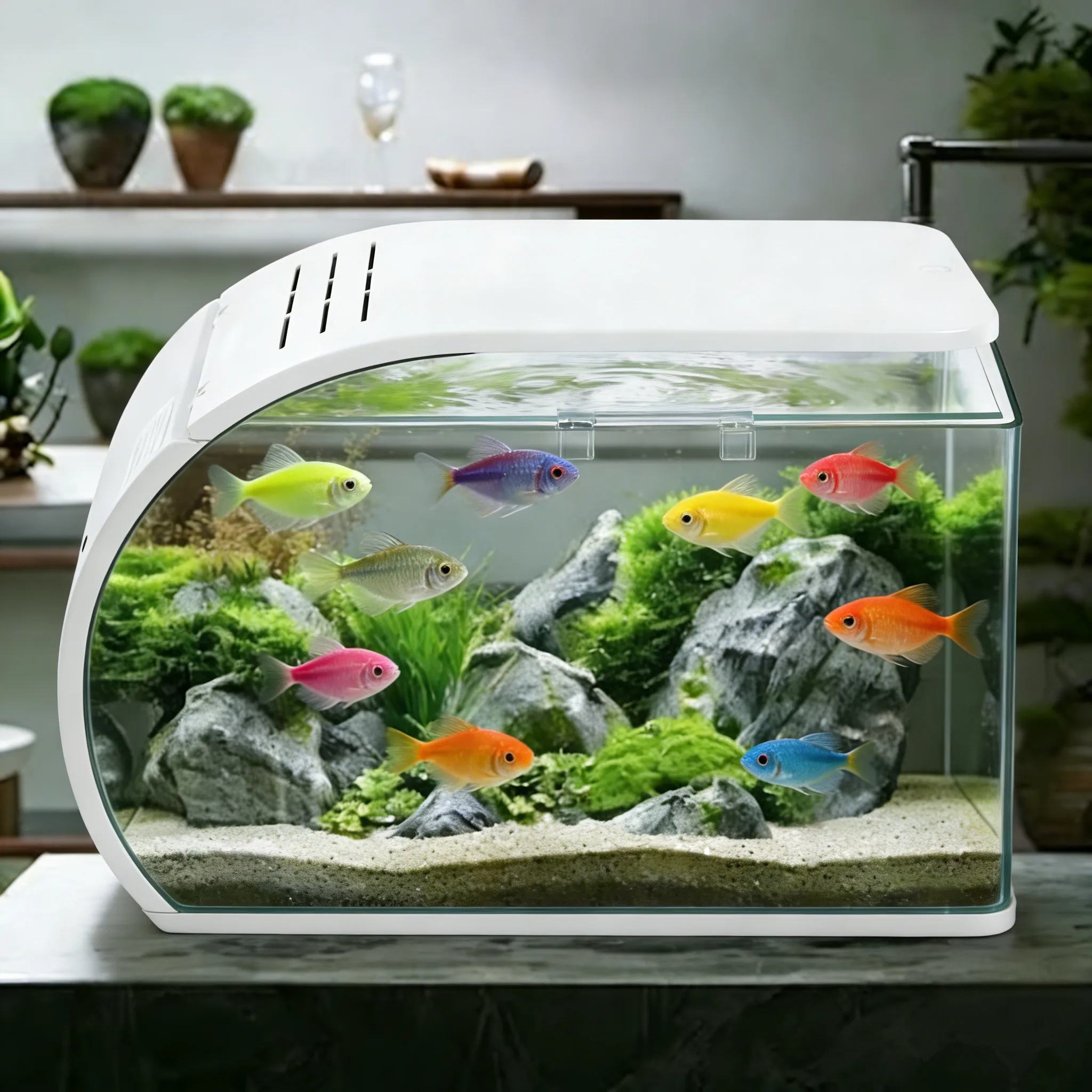 Desktop-Aquarium, 3-Farben-LED-Beleuchtung, kleines Glas-Aquarium, 5 W Filterpumpe, gefiltertes Aquarium für Guppy-Garnelen Image