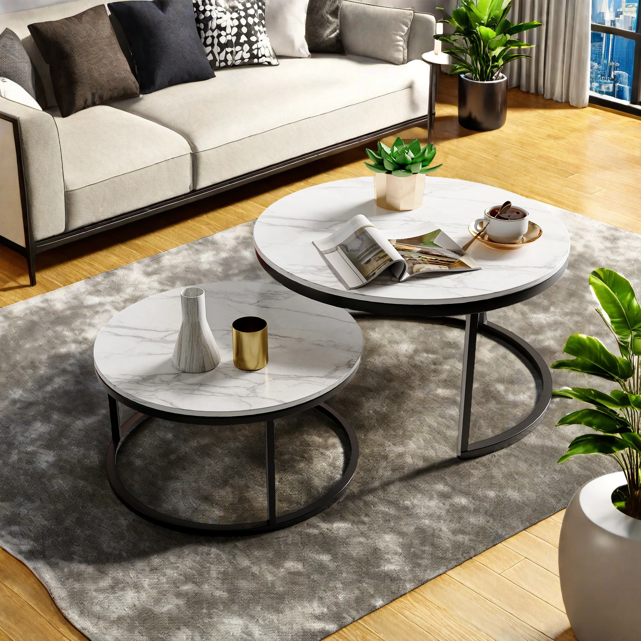 Couchtisch Rundes 80cm Marmor Set Tisch Couchtisch Tisch Set Weißes Wohnzimmer Tisch mit schwarzem Metallrahmen für Wohnzimmer Image