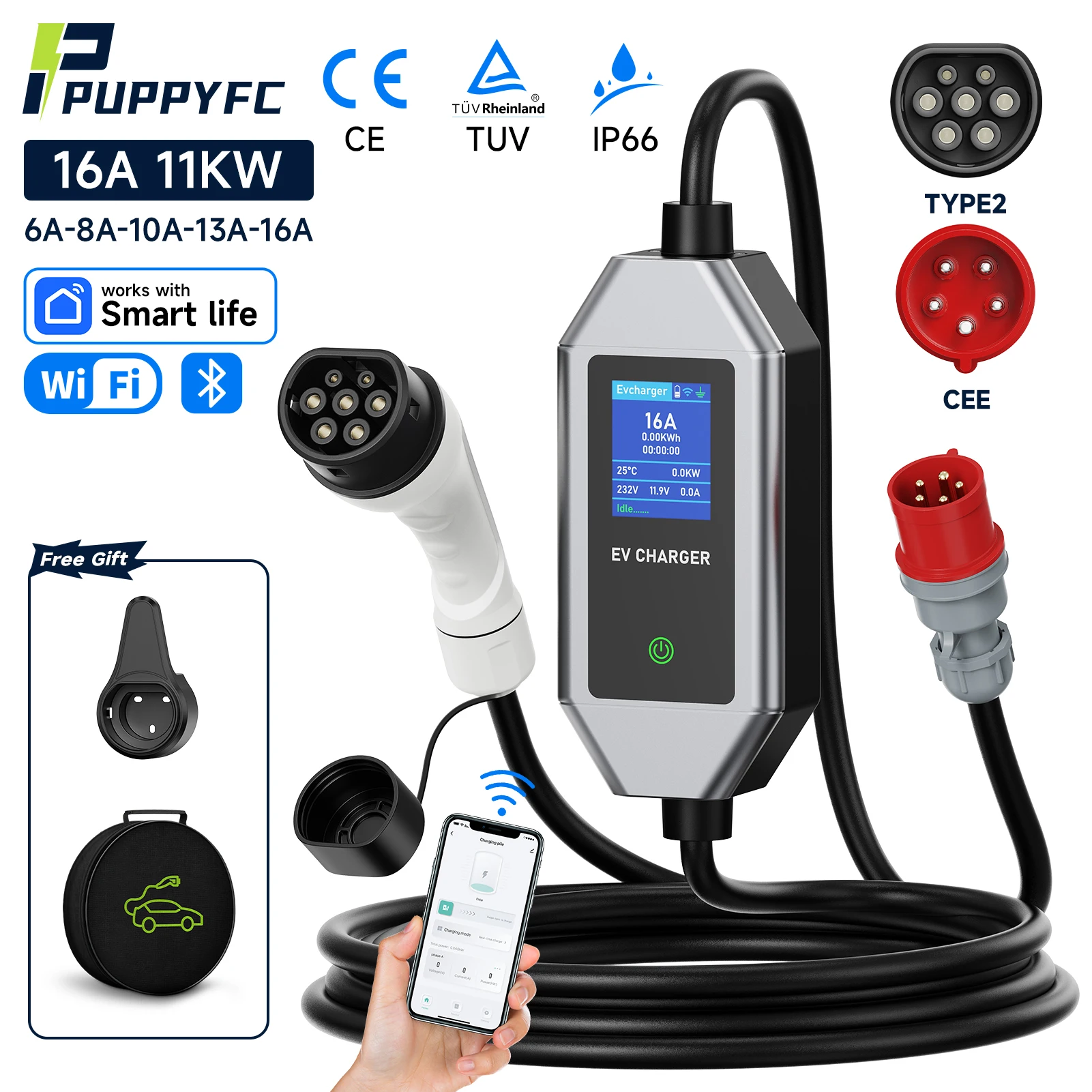 Puppyfc 16A 11KW Tragbares EV-Ladegerät Typ2/GBT Mennekes EVSE Ladestation für Elektrofahrzeuge PHEV-Auto mit CEE-Stecker Image