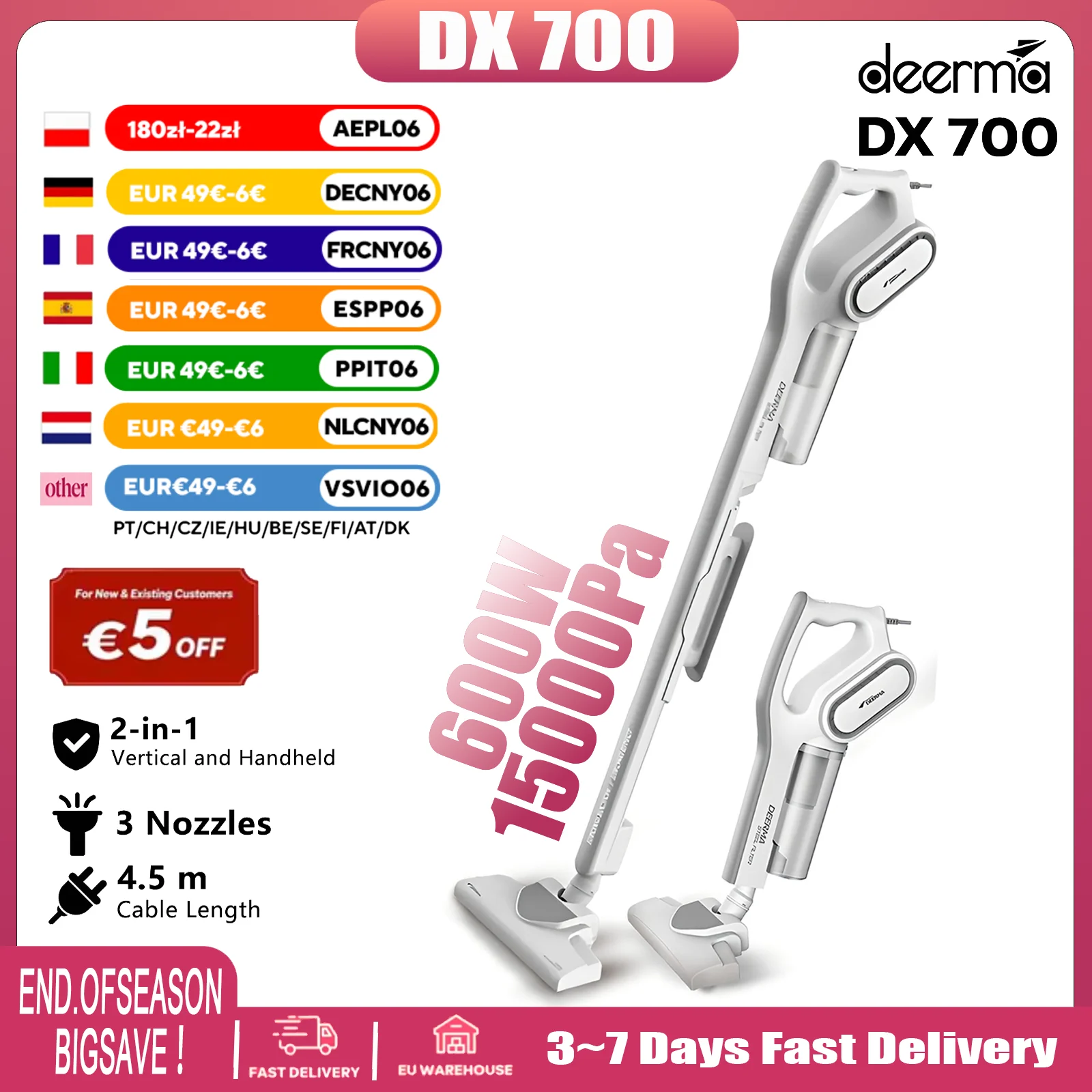 Staubsauger Deerma DX700 2-in-1 Stand- und Handstaubsauger, 600W 15KPa Stark Saugkraft, Zyklonfilterung, 3 Wechselbürsten, Leise und Leicht, Ideal für Zuhause Tierhaare Auto Reinigung Image