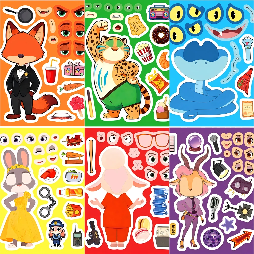 8/16 Blatt Niedliche Cartoon Disney Zootopia 2 Puzzle-Aufkleber zum Gesichter-Machen, DIY-Puzzle zum Zusammenbauen, Lernspielzeug, Aufkleber für Partygeschenke Image