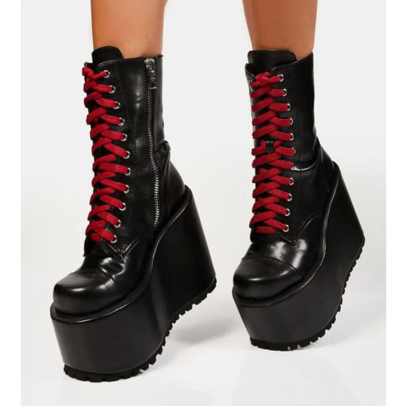 Punk Stil Runde Kappe Mitte Der Wade Plattform Frauen Lolita Stiefel Keile High Heels Seite Zipper Design Große Größe Angepasst schuhe