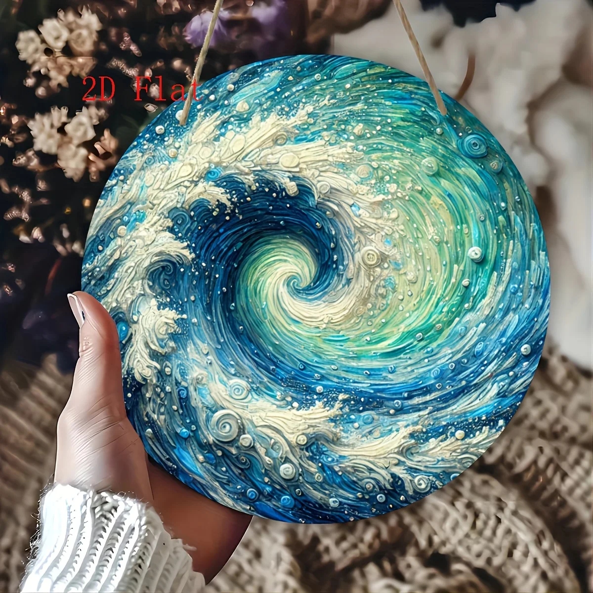 Klassische runde Wandtafel aus Holz, 2D-Druck mit blauen Meereswellen, Strandthemen-Dekoration, aus Holzwerkstoff, mit Image