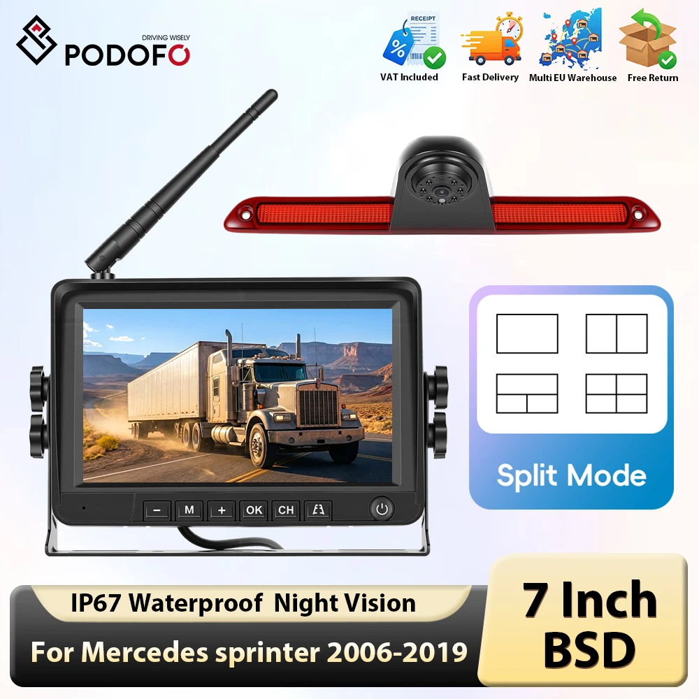 Podofo 7-Zoll Wireless-Rückfahrkamera mit Bremslichtfunktion, IP67 wasserdicht, Nachtsicht, für Mercedes Sprinter 2006-2019 Image