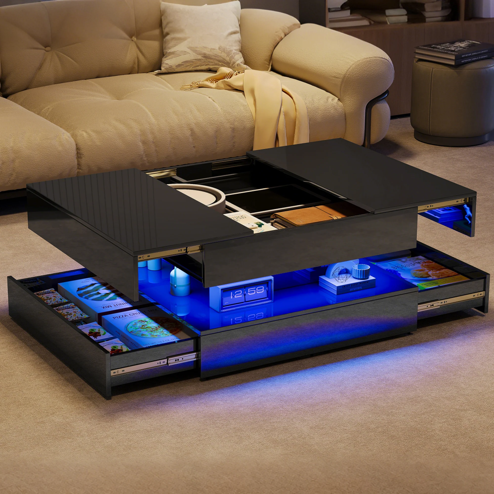 Comanlai Ausziehbarer Couchtisch, Quadratischer Beistelltisch mit 2 Schubladen, LED-Beleuchtung, Offenem Stauraum und Verstecktem Fach, für Wohnzimmer
