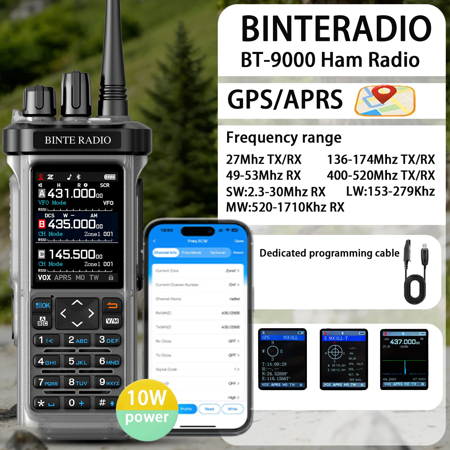 BINTERADIO 9000 10W GPS APRS Walkie-Talkie Bluetooth SSB Airband Spectrum Wasserdichter Anschluss mit kostenlosem, dediziertem Programmierkabel Image