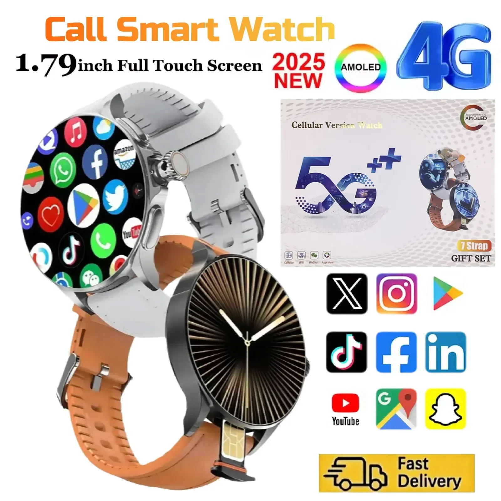 Neue GT200 Android Smartwatch mit 1,95-Zoll-AMOLED-Display, drehbarer Kamera, 16 GB + 256 GB, GPS und 5G LTE für Herren Image
