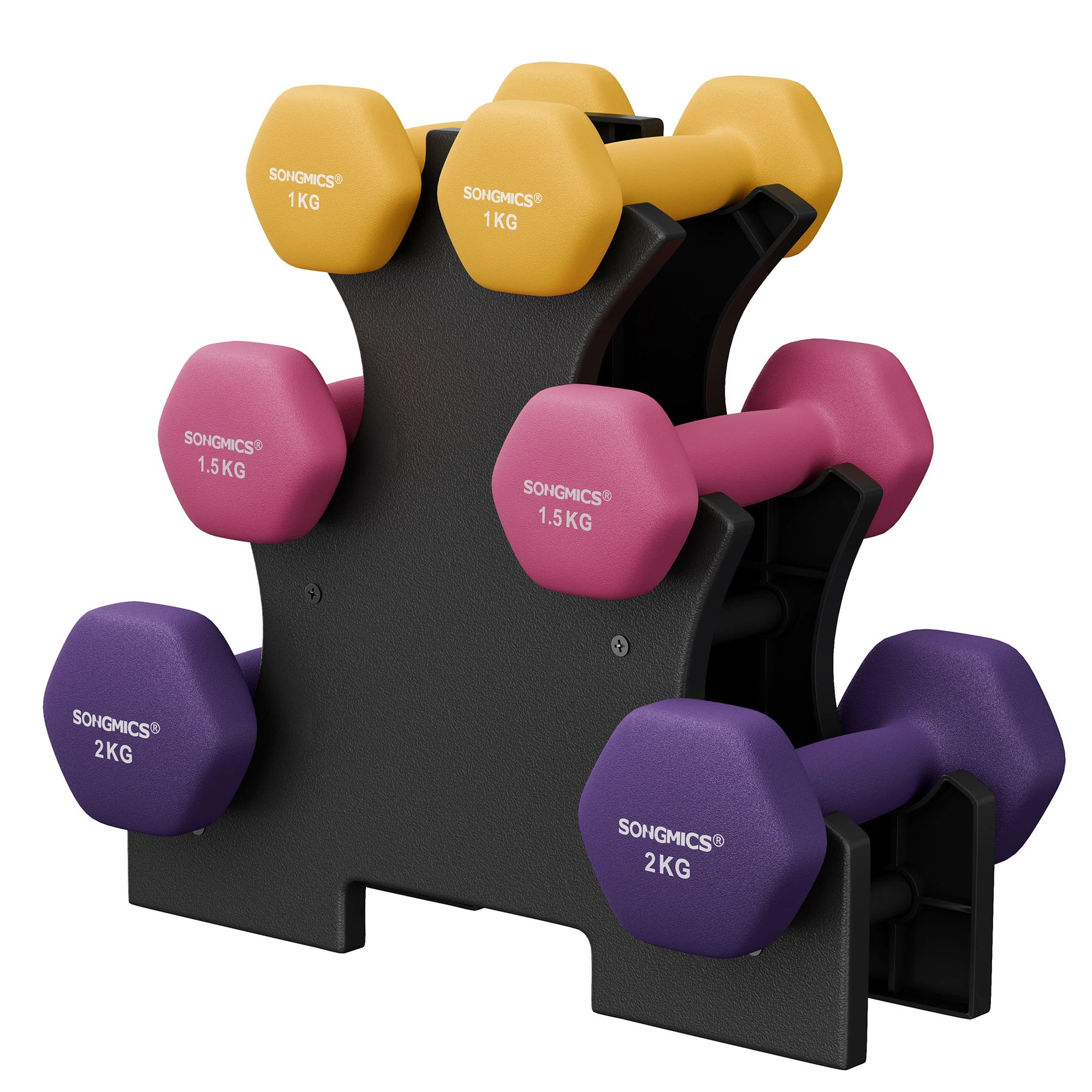 SONGMICS Kurzhantel-Set, Hexagon, mit Hantelständer, 2 x 1 kg, 2 x 1,5 kg, 2 x 2 kg, Neopren-Beschichtung, Krafttraining