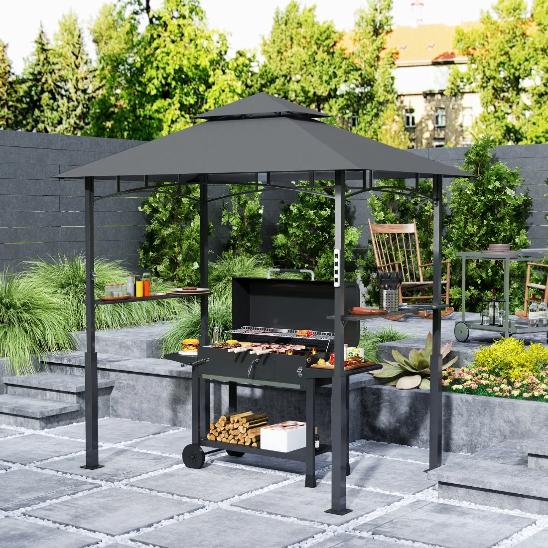 Grauer BBQ-Grill-Pavillon mit LED, Doppeldach, 243x148x248cm, Wasserdicht, Feuerhemmend, UV-Schutz, Seitenregale, Metall-Partyzelt Image