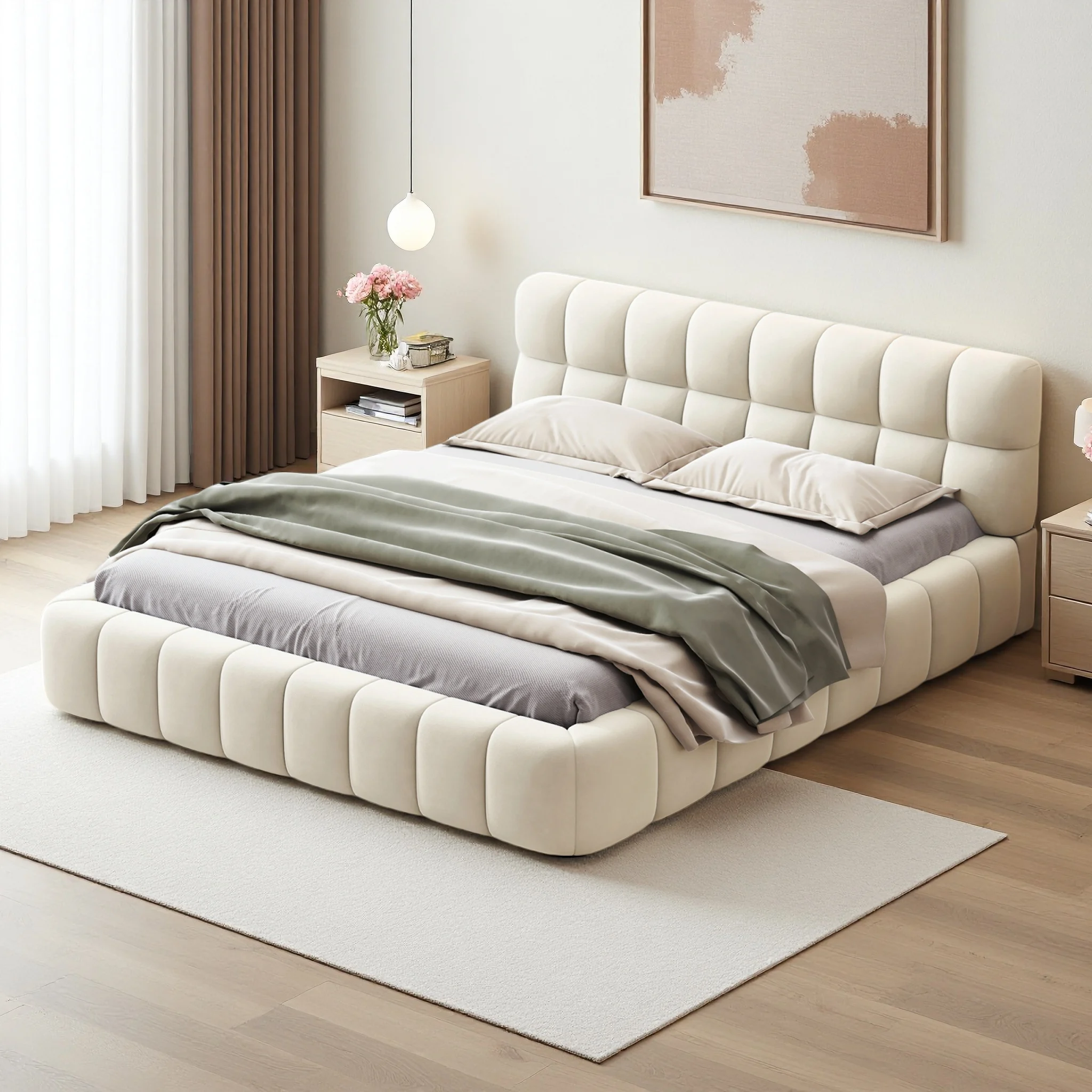 Rosahqnda Polsterbett, Bubble-Bett mit Kopf- und Fußteil, Doppelbett mit Lattenrost, Leinenstoff, ohne Matratze Image