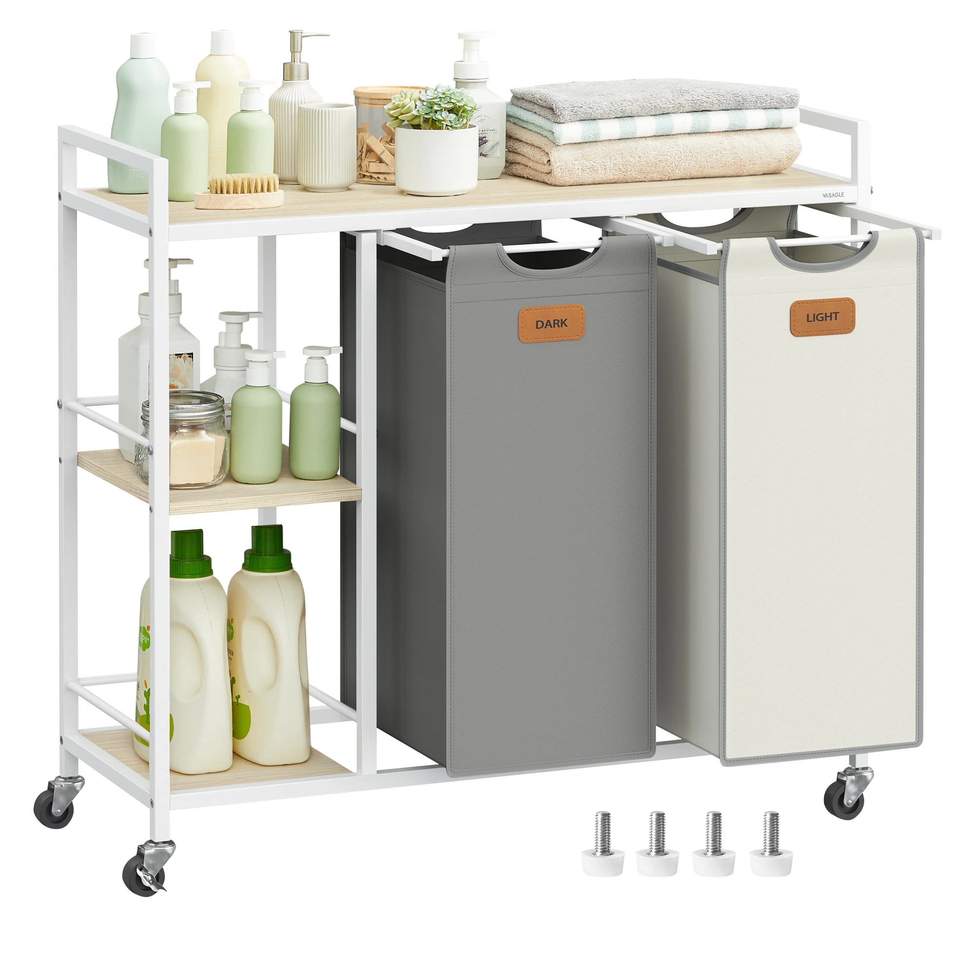 VASAGLE Wäschekorb 2 Fächer, Wäschesammler 100 L, Wäschesortierer, Rollen, mit abnehmbaren Taschen Image