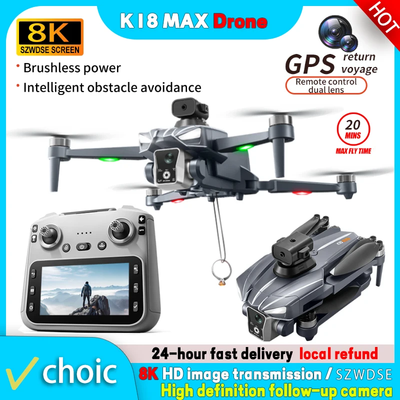 2026 Neue K18 MAX 8K Drohnenkamera 360 ° Hindernisvermeidende Panorama-Drohne mit 5G GPS, bürstenlosem Motor und Fernbedienung mit Bildschirm