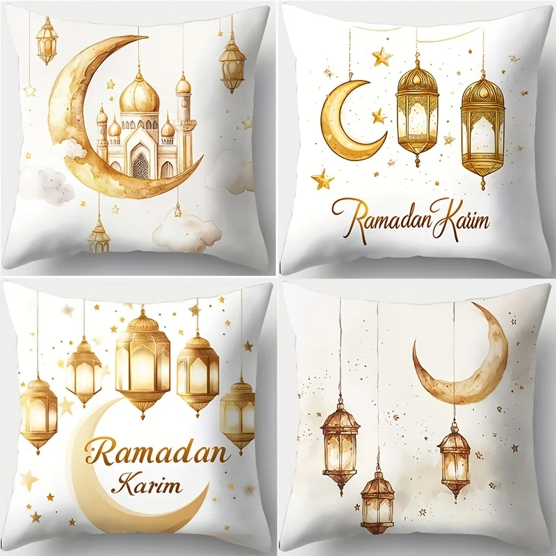 1/4 Stück Kissenbezüge mit Ramadan-Motiv, mit Mondlaternen und Moschee-Design, Sofakissenbezug, islamische muslimische Heimdekoration Image