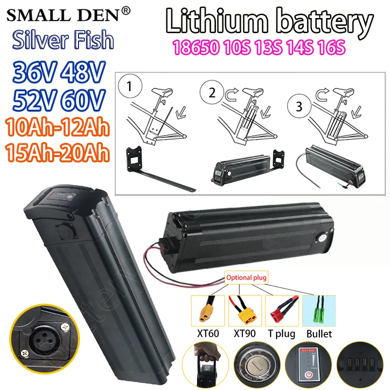 Neue Leistung mit voller Kapazität, 18650 Silverfish-Batterie, 36 V, 48 V, 52 V, 60 V, 10 Ah, 12 Ah, 15 Ah, 20 Ah, Lithium-Batterie, geeignet für 0–1800 W Image