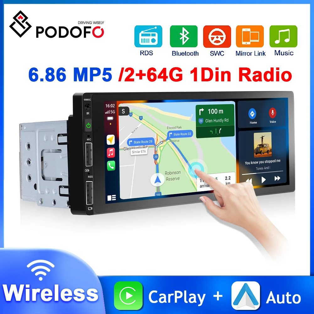 Podofo 1 din android Autoradio Carplay Android Auto 1din mp5/2 64g Auto Stereo Bluetooth Player 6.86 ''Auto intelligente Systeme Image