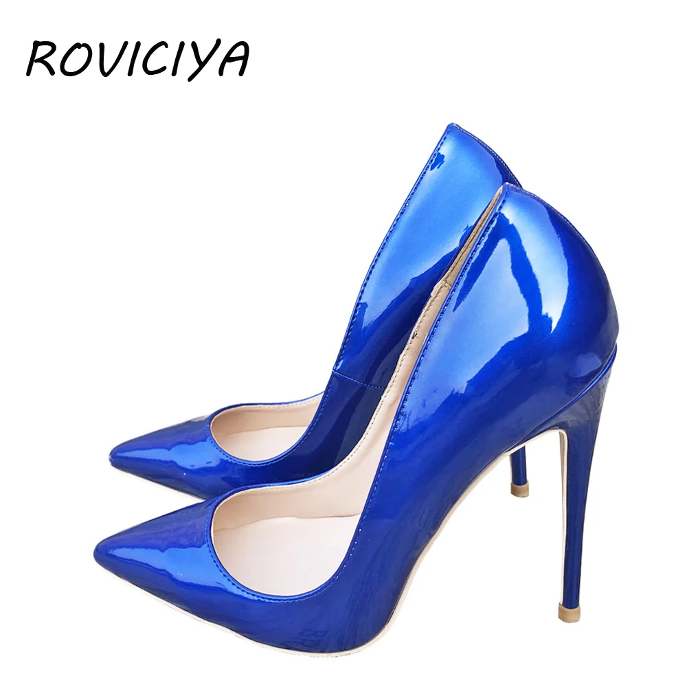 Blau Sexy Frauen High Heels Schuhe Stiletto 12 cm Pumps Blau Spitz Frau Schuhe Partei Plus Größe 34- 45 QP044 ROVICIYA