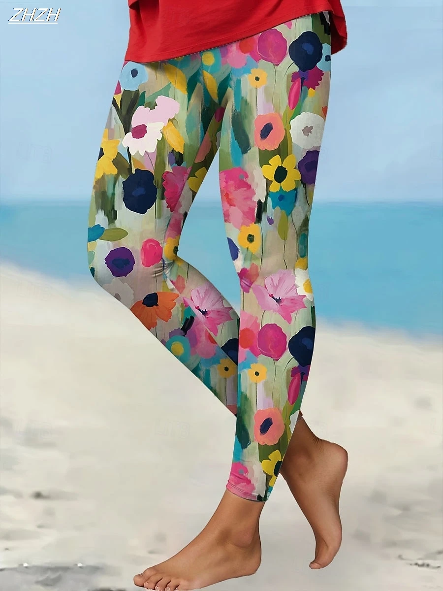 2025, Damen-Leggings, florale Grafik-Hose, Hose, Polyester, Spandex, Stretch, elastische Taille, Kontrolle, Herbst-Winter-Streetwear Image